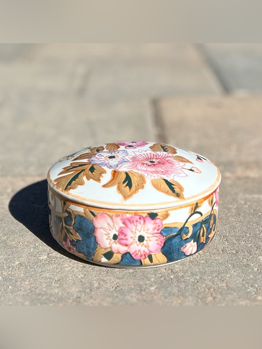 Vintage Chinese Porcelain Floral Trinket Box | Chinoiserie Lidded Jewelry Dish